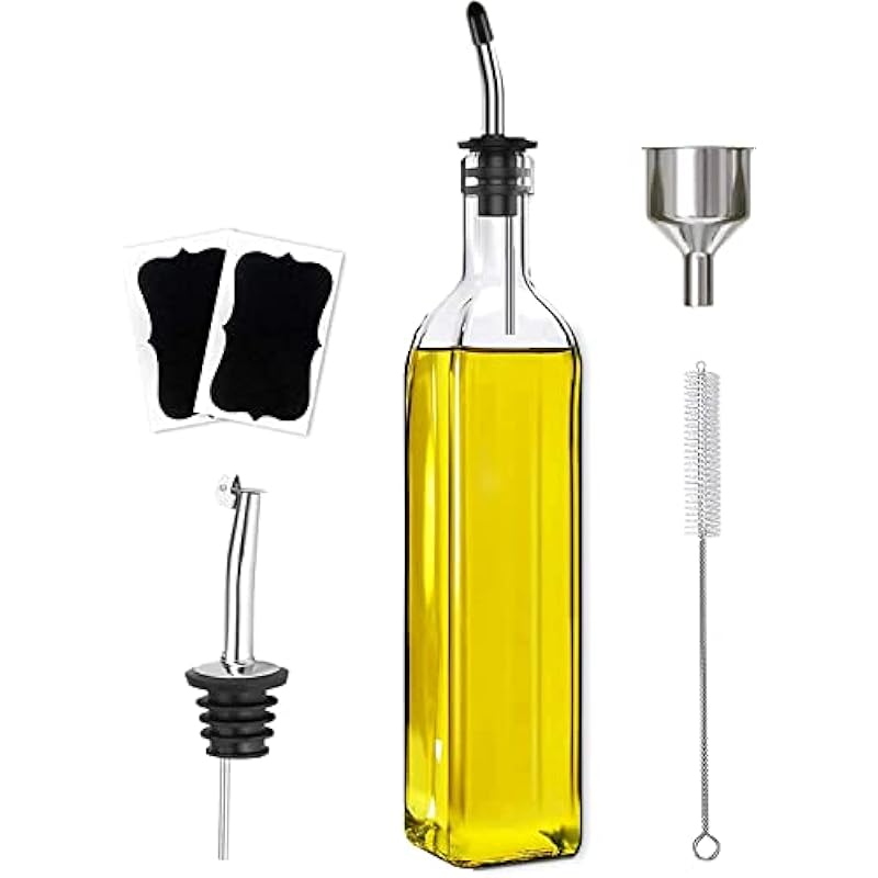 Olive Oil Dispenser Bottle, 1 Pcs Glass Olive Oil Dispenser and Vinegar Dispenser Set with 2 Stainless Steel Pourers, 2 Labels,1 Brush and 1 Funnel Oil Bottles for Kitchen (500ml)