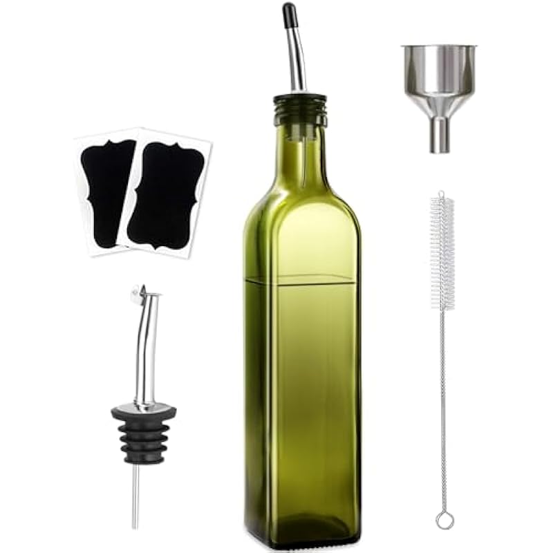 Olive Oil Dispenser Bottle, 1 Pcs Green Glass Olive Oil Dispenser and Vinegar Dispenser Set with 2 Stainless Steel Pourers, 2Labels,1 Brush and 1 Funnel Oil Bottles for Kitchen (500ml)
