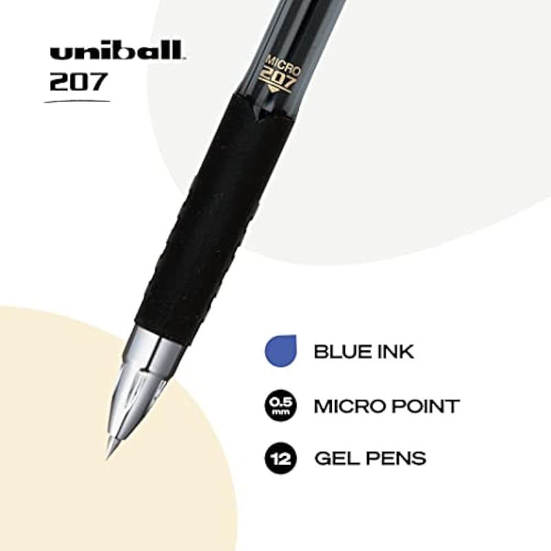 Uni-Ball® 207™ Retractable Fraud Prevention Gel Pens, Micro Point, 0.5 mm, Black Barrels, Blue Ink, Pack Of 12