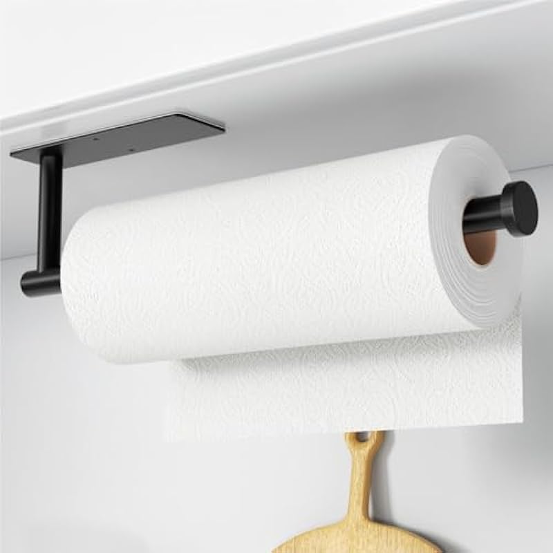 Paper Towel Holder – Self-Adhesive or Drilling, Matte Black Wall Mounted Rack – SUS304 Stainless Steel Kitchen Roll Holder Under Cabinet