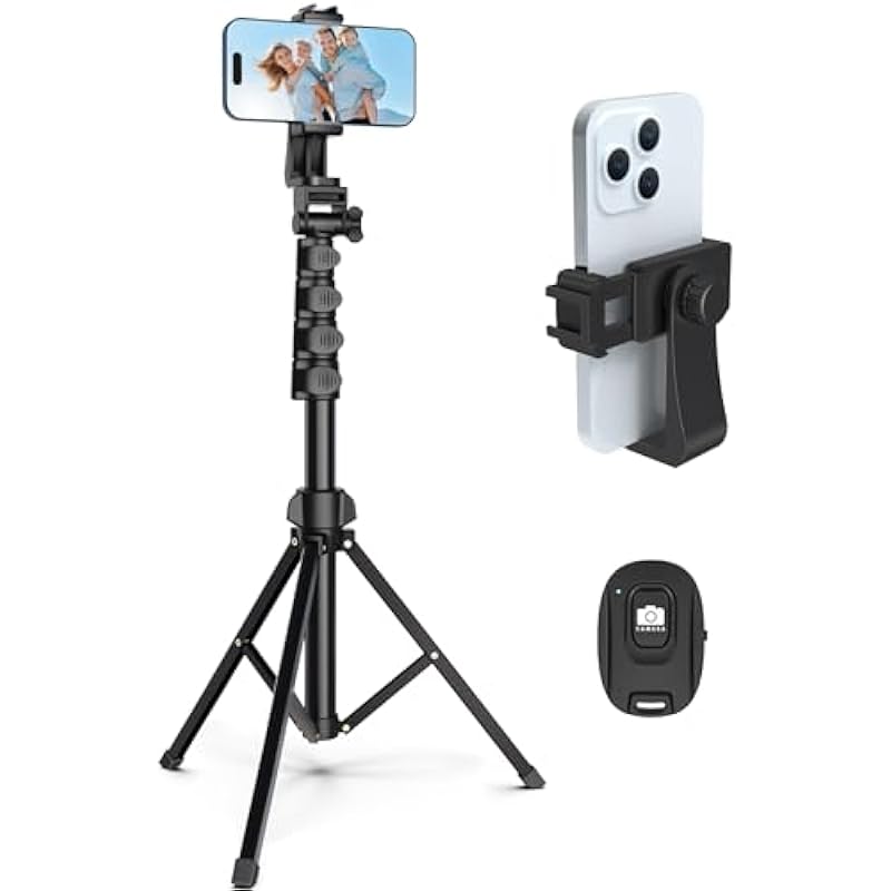 64” Tripod for Cell Phone & Camera, Phone Tripod with Remote and Phone Holder, Portable Tripod for iPhone, Phone Tripod for Video Recording, Cell Phone Tripod Mount Stand for Cellphone