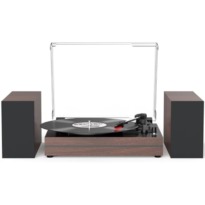 Record Player with Two External Speakers Belt-Drive Turntable for Vinyl Records Dual Stereo Speakers Vintage LP Players Support 3 Speed Wireless Playback AUX Headphone Input Auto Stop Wood Brown