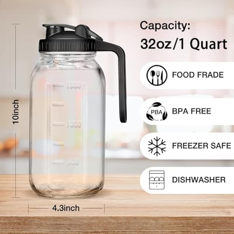 Glass Pitcher with Lid – 2 Quart Wide Mouth Mason Jar Pitcher, 64OZ Double Leak-proof Water Pitcher, Breastmilk Pitcher with Pour Spout Lids for Water, Juice, Milk, Tea, Iced Coffee, and Drinks