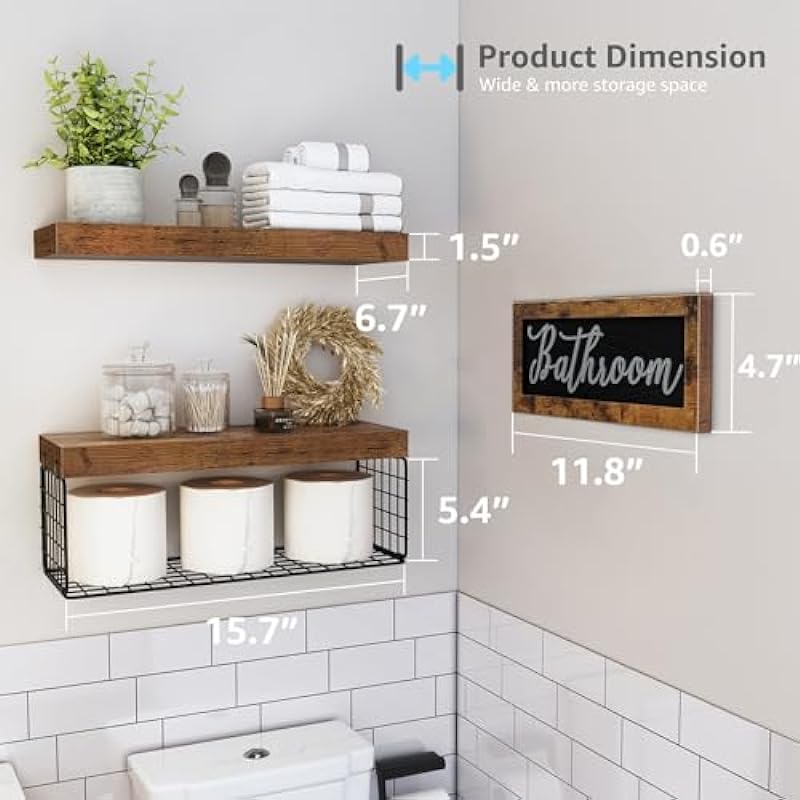 QEEIG Bathroom Decor Shelves Over Toilet – Farmhouse Decorations Aesthetic Décor Sign Small Wall Shelf 2+1 Set 16 inch, Rustic Brown