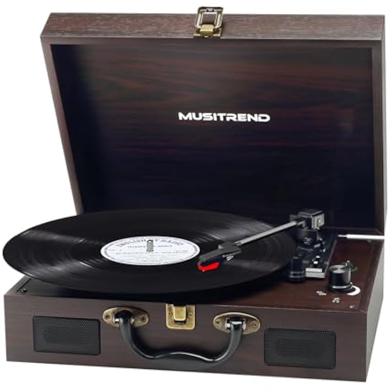 Retro Record Player 3 Speeds Portable Suitcase Turntable with Built-in Speakers, Wireless Bluetooth Phonograph with 3.5mm Earphone Jack Built-in Battery AUX-in/RCA-Out, Black-Brown