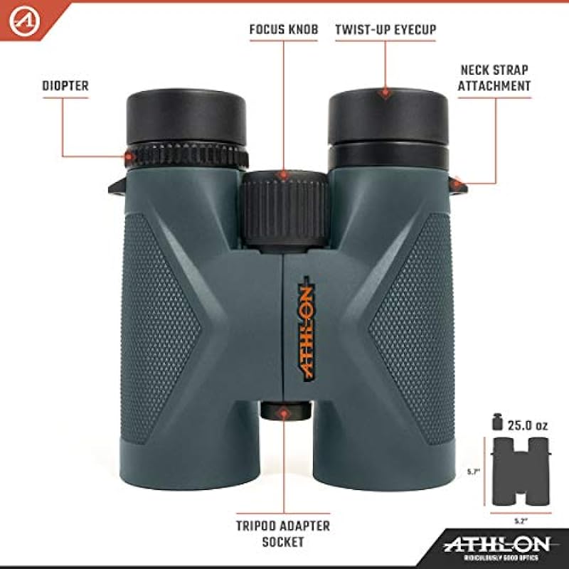 Athlon Optics 8×42 Midas UHD Gray Binoculars with ED Glass for Adults and Kids, High-Powered Binoculars for Hunting, Birdwatching, and More