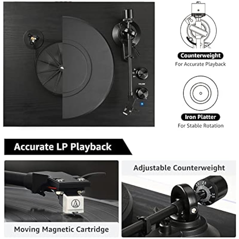 Vinyl Record Player Turntable with Speakers (36W) Wireless Bookshelf HiFi Stereo System Support USB Recording Magnetic Cartridge Built-in Phono Preamp Adjustable Counterweight Belt Drive Vintage Black