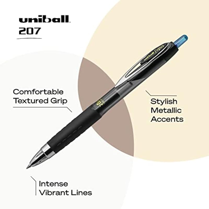 Uni-Ball® 207™ Retractable Fraud Prevention Gel Pens, Micro Point, 0.5 mm, Black Barrels, Blue Ink, Pack Of 12