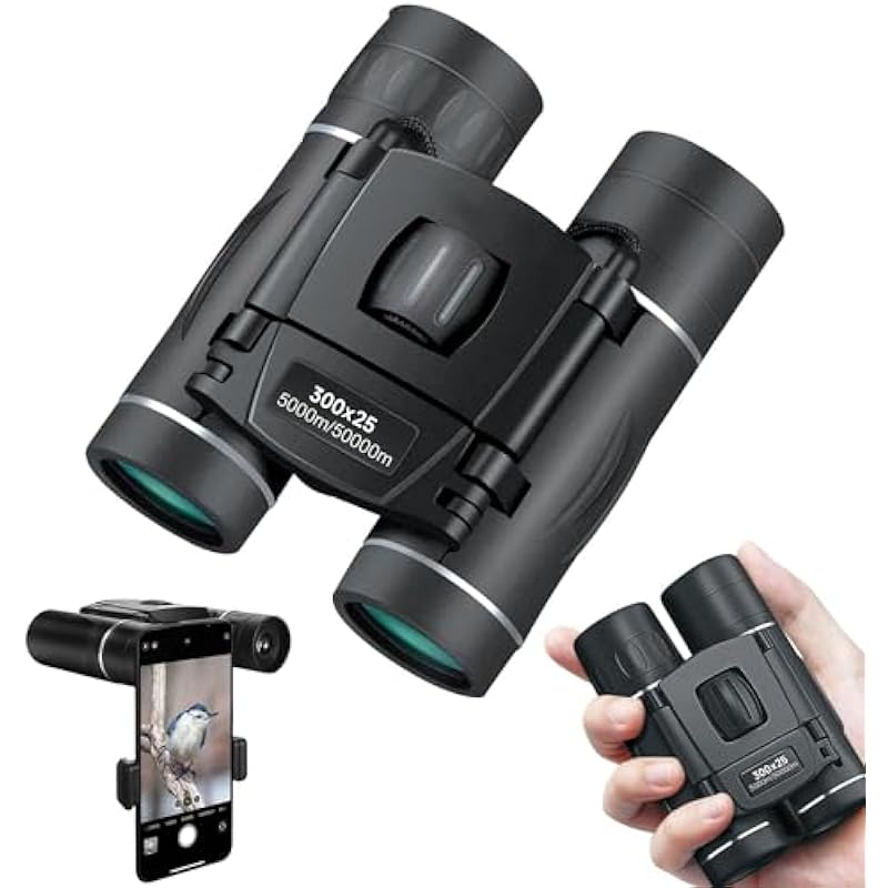 300×25 Binoculars for Adults and Kids, High Powered Mini Pocket Binoculars with Phone Adapter, Waterproof Compact Binoculars for Bird Watching, Hunting, Concert, Theater, Opera, Traveling, Sightseeing