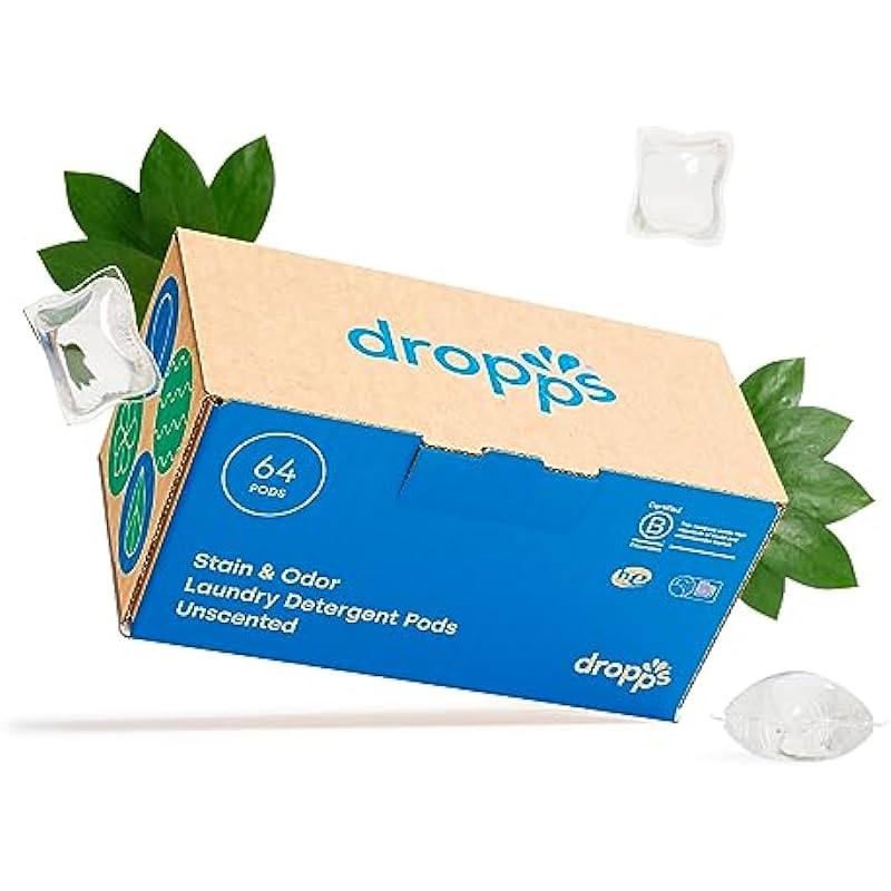 Dropps Stain & Odor Laundry Detergent, Unscented, 64 Pods, Fragrance Free, Plant-Based Ingredients, Low-Waste Packaging, Works In All Machines, High Efficiency