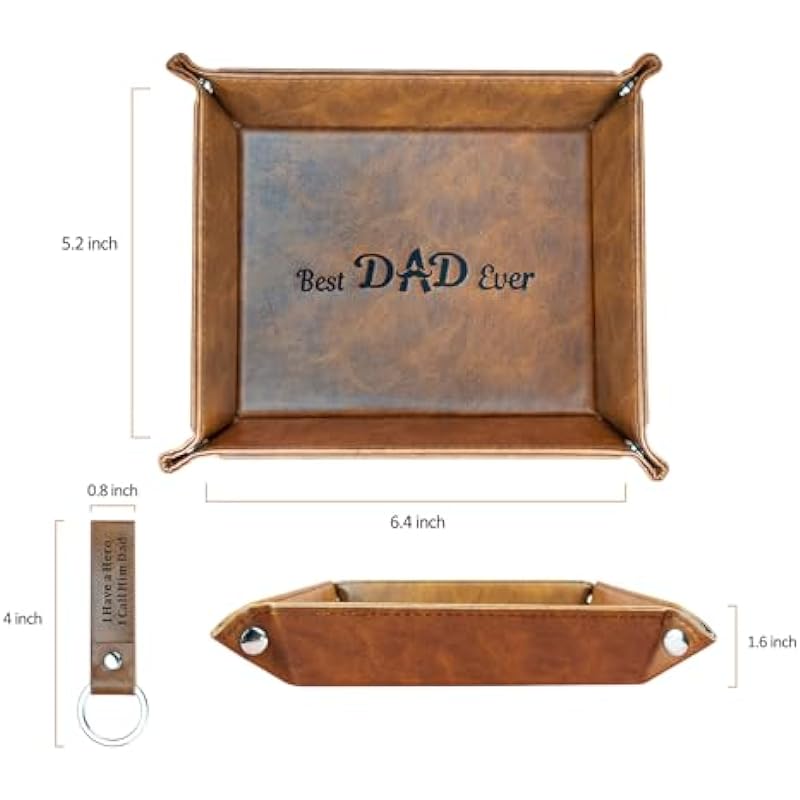 Gifts for Dad Fathers Day from Daughter Son Kids, Best Dad Ever PU Leather Valet Tray and Keychain,for Men Stepdads Husband, Birthday Gifts for Dad,Unique Christmas Birthday Gift
