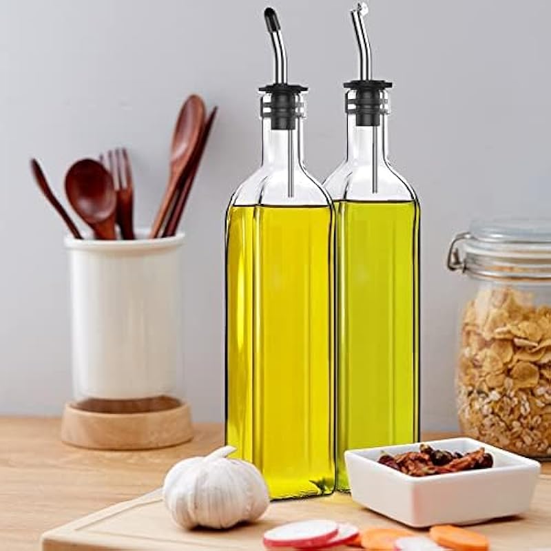 Olive Oil Dispenser Bottle, 2 Pcs Glass Olive Oil Dispenser and Vinegar Dispenser Set with 2 Stainless Steel Pourers, 4 Labels,1 Brush and 1 Funnel Oil Bottles for Kitchen (500ml)