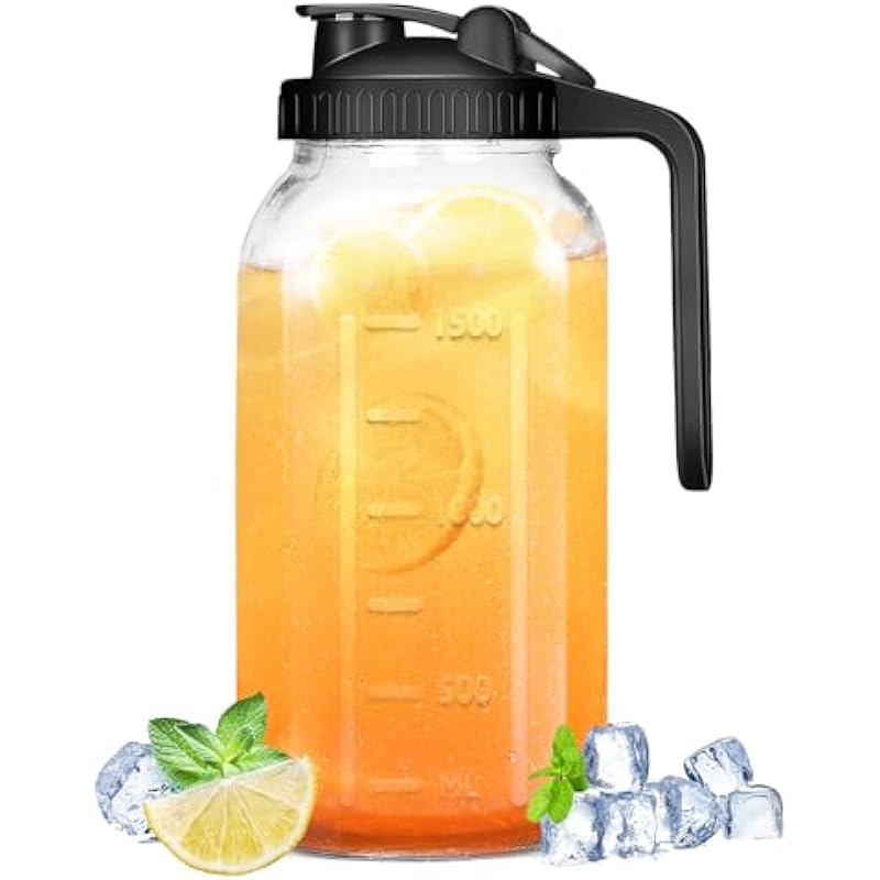Glass Pitcher with Lid – 2 Quart Wide Mouth Mason Jar Pitcher, 64OZ Double Leak-proof Water Pitcher, Breastmilk Pitcher with Pour Spout Lids for Water, Juice, Milk, Tea, Iced Coffee, and Drinks