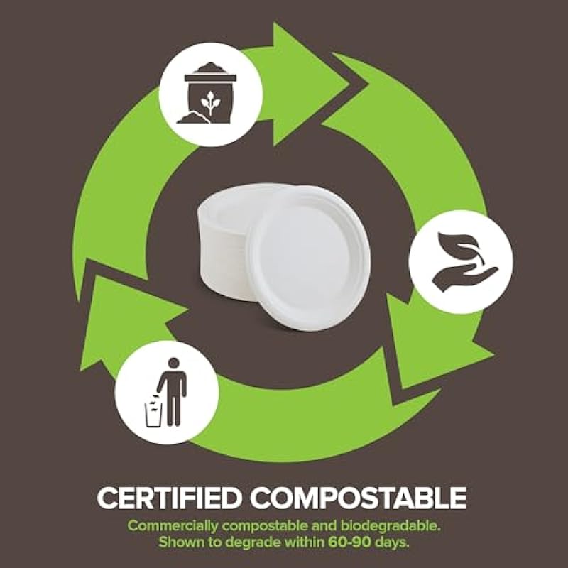 Stock Your Home 100% Compostable Plates 9 Inch (100 Count), Large Heavy Duty Biodegradable Paper Plate for Dinner, Eco-Friendly Recyclable Disposable Sustainable, White Bagasse