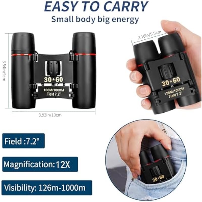 Compact Binoculars, HD Mini Portable Outdoor Binoculars, Pocket Lightweight Folding Binoculars for Adults and Children Bird Watching Hunting, Watching Shows, Traveling and Tourism,…