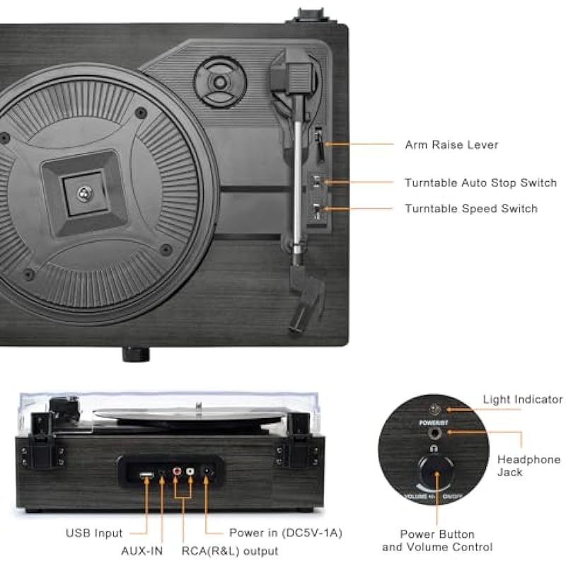 Vinyl Record Player with Build in Speakers Vintage Portable Turntable Supports Bluetooth Receiver USB Input,AUX Input,RCA Line Out,3 Speed and Headphone Jack Wooden Black