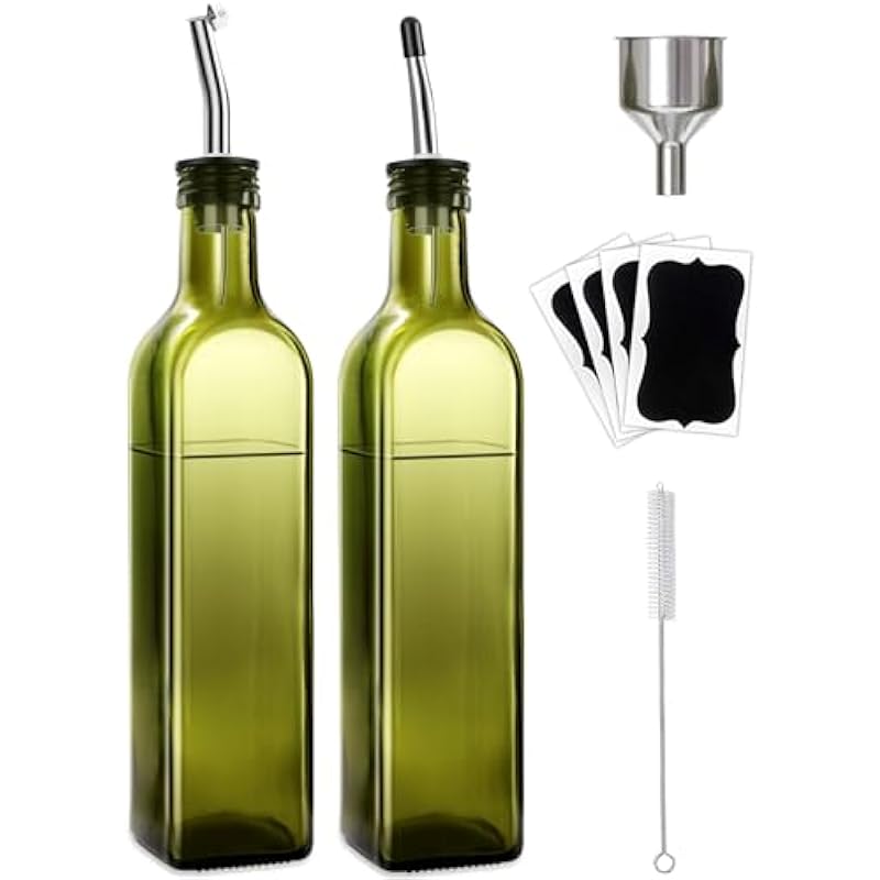 Olive Oil Dispenser Bottle, 2 Pcs Green Glass Olive Oil Dispenser and Vinegar Dispenser Set with 2 Stainless Steel Pourers, 4 Labels,1 Brush and 1 Funnel Oil Bottles for Kitchen (500ml)