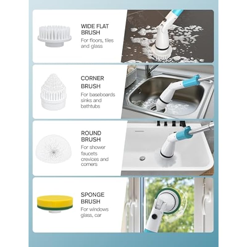 Electric Spin Scrubber, Cordless Shower Brush with 3 Adjustable Speeds and 4 Replaceable Bathroom Cleaning Brush Heads