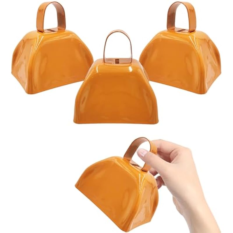 The Dreidel Company Metal Cowbell Noisemaker Cheering Bell, New Years, School Classroom, Wedding Bells & Chimes Percussion Musical Instruments Call Bell Alarm, 3″ (Orange, 6-Pack)