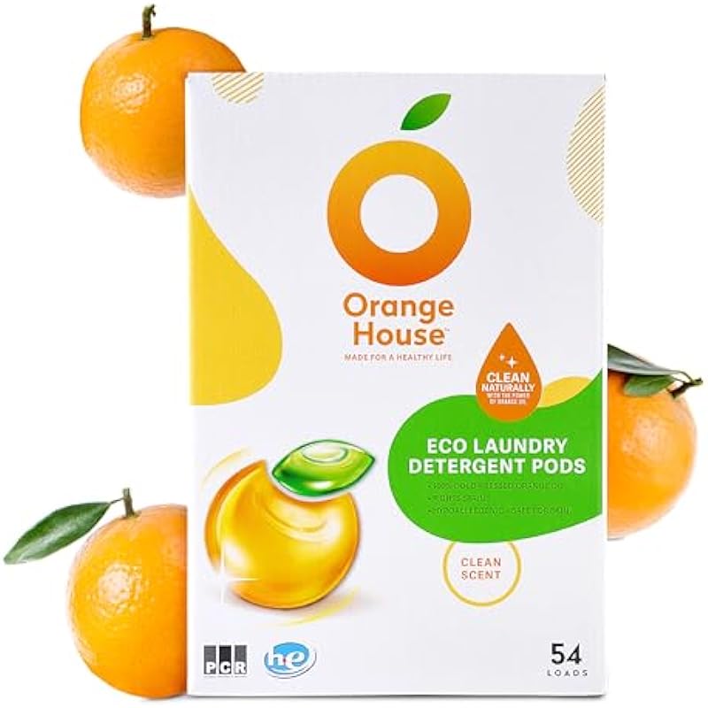 Orange House Laundry Detergent Pods, Natural Orange Oil, Plant-Based Detergent Pods, Hypoallergenic, Free & Clear, 54 Count, HE Compatible and All Washer