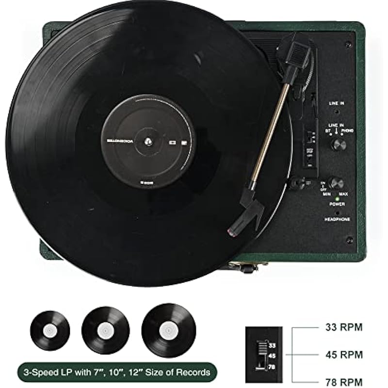 Vinyl Record Player 3-Speed Wireless Suitcase Portable Belt-Driven Record Player with Built-in Speakers RCA Line Out AUX in Headphone Jack Vintage Turntable Dark Green
