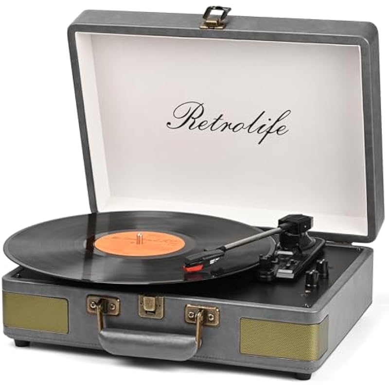 Record Player 3 Speed Bluetooth Portable Suitcase Vinyl Player with Built-in Speakers Turntable Enhanced Audio Sound PU Leather Vintage Gray, R610