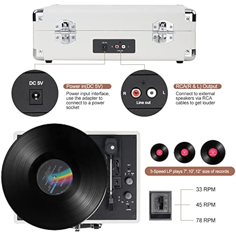 Vinyl Record Player Wireless Turntable Bluetooth 3-Speed Portable Vintage Suitcase with Built-in Speakers, Includes Extra Stylus, RCA Out, AUX in