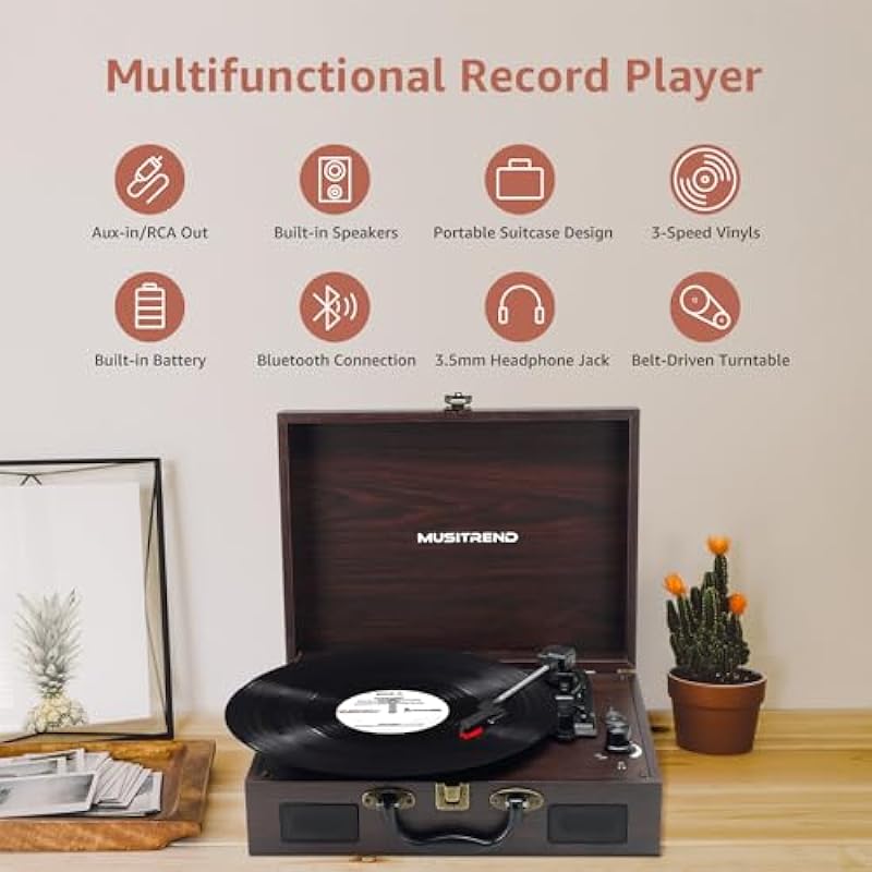 Retro Record Player 3 Speeds Portable Suitcase Turntable with Built-in Speakers, Wireless Bluetooth Phonograph with 3.5mm Earphone Jack Built-in Battery AUX-in/RCA-Out, Black-Brown