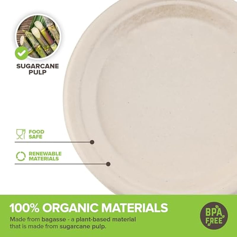 Stock Your Home 100% Compostable Plates 9 Inch (100 Count) Large Heavy Duty Biodegradable Paper Plate for Dinner, Eco-Friendly Recyclable Disposable Sustainable, Natural Bagasse