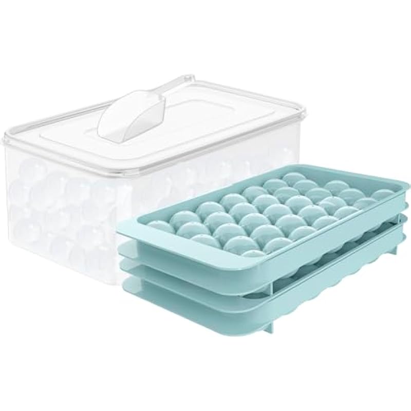 WIBIMEN Ice Cube Tray for Freezer with Lid & Bin, 1″x66 Round Ice Cube Mold with Container, Small Circle Ice Cube Tray Making Sphere Ice Chilling Cocktail Tea Coffee (2 Trays 1 Ice Bucket & Scoop)