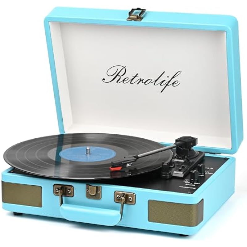 Record Player 3 Speed Bluetooth Portable Suitcase Vinyl Player with Built-in Speakers Turntable Enhanced Audio Sound PU Leather Vintage Blue
