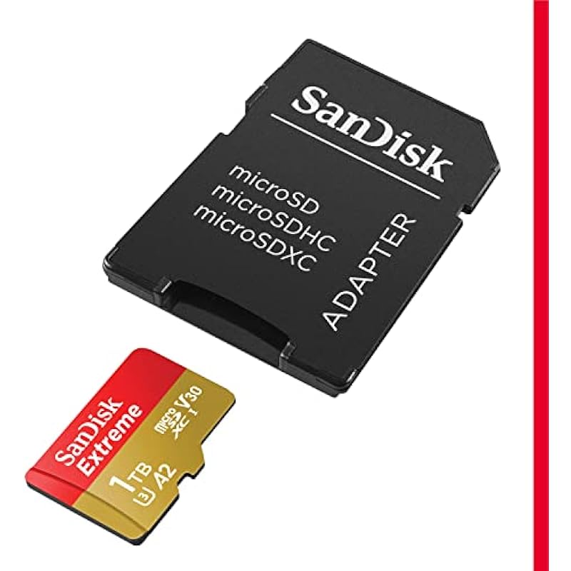 SanDisk 1TB Extreme microSDXC UHS-I Memory Card with Adapter – Up to 190MB/s, C10, U3, V30, 4K, 5K, A2, Micro SD Card- SDSQXAV-1T00-GN6MA, Gold/Red