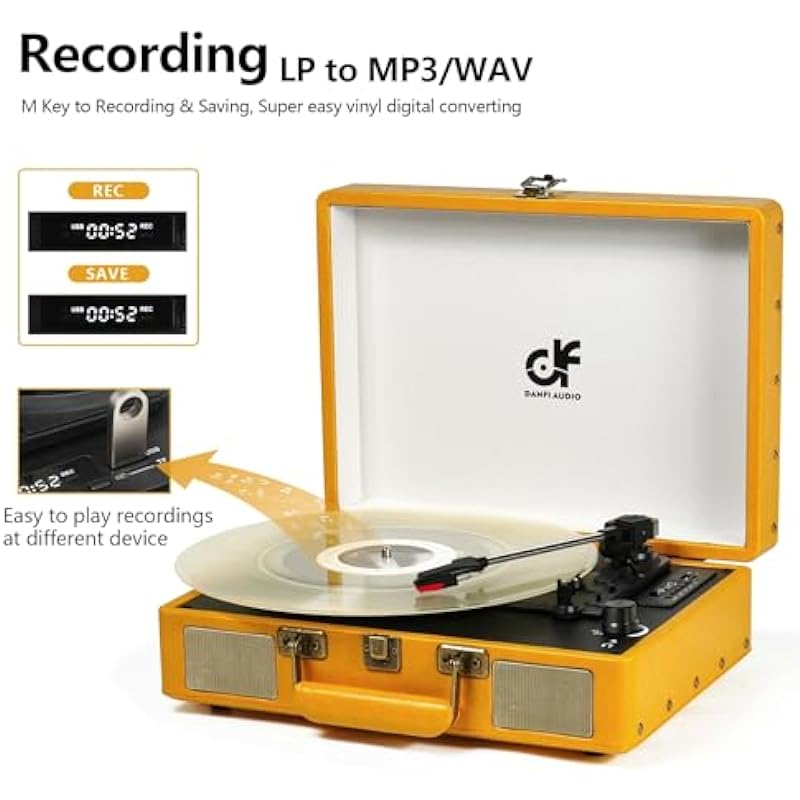 Vintage Record Player with Bluetooth 3-Speed Portable Suitcase Vinyl Record Player with Speakers, USB/SD Card Recording, RCA, AUX-in, Headphone Jack, Retro Turntable Yellow