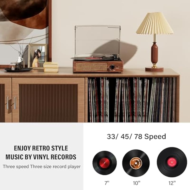 Vinyl Record Player Turntable with Built-in Bluetooth Receiver & 2 Stereo Speakers, 3 Speed 3 Size Portable Retro Record Player for Entertainment and Home Decoration(Orange)