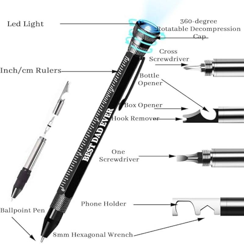 Gifts for Him Fathers Day Men, 12 in 1 Multitool Pen, Unique Mens Gifts for Dad, Husband, Grandpa, Dad Gifts from Daughter Son, Cool Birthday Gifts Ideas for Men Have Everything (Black)