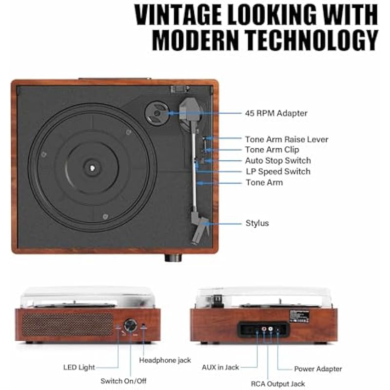 Vinyl Record Players Vintage Turntable for Vinyl Records with Speakers Belt-Driven Turntables Support 3-Speed, Bluetooth Wireless Playback, Headphone, AUX-in, RCA Line LP Vinyl Players