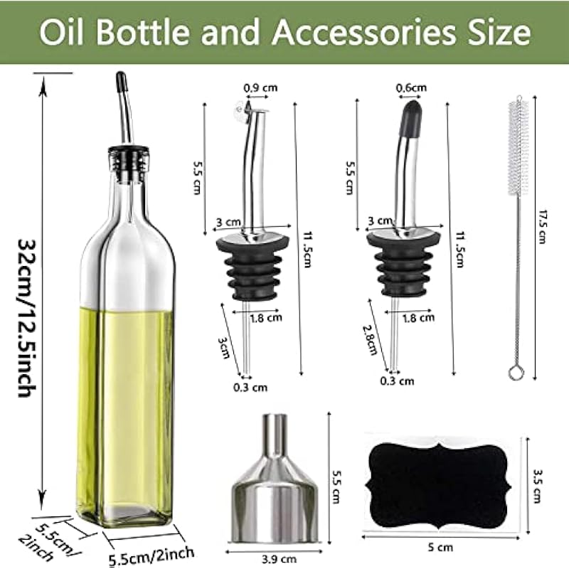 Olive Oil Dispenser Bottle, 1 Pcs Glass Olive Oil Dispenser and Vinegar Dispenser Set with 2 Stainless Steel Pourers, 2 Labels,1 Brush and 1 Funnel Oil Bottles for Kitchen (500ml)