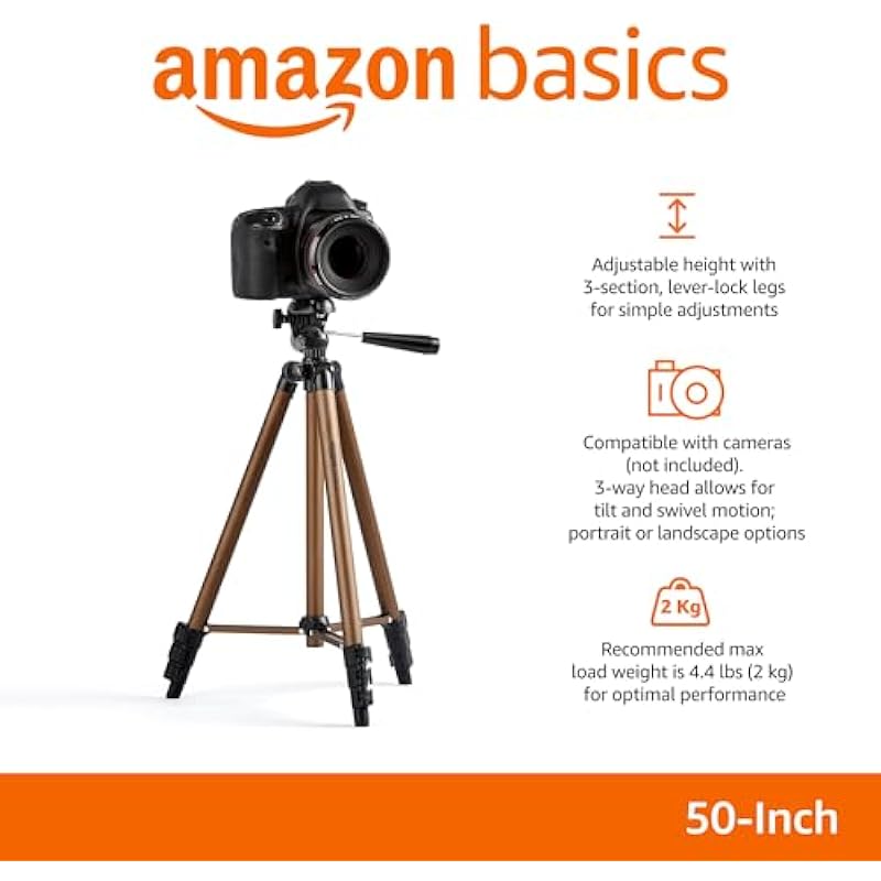 Amazon Basics 50-inch Lightweight Camera Mount Tripod Stand With Bag, Black/Brown