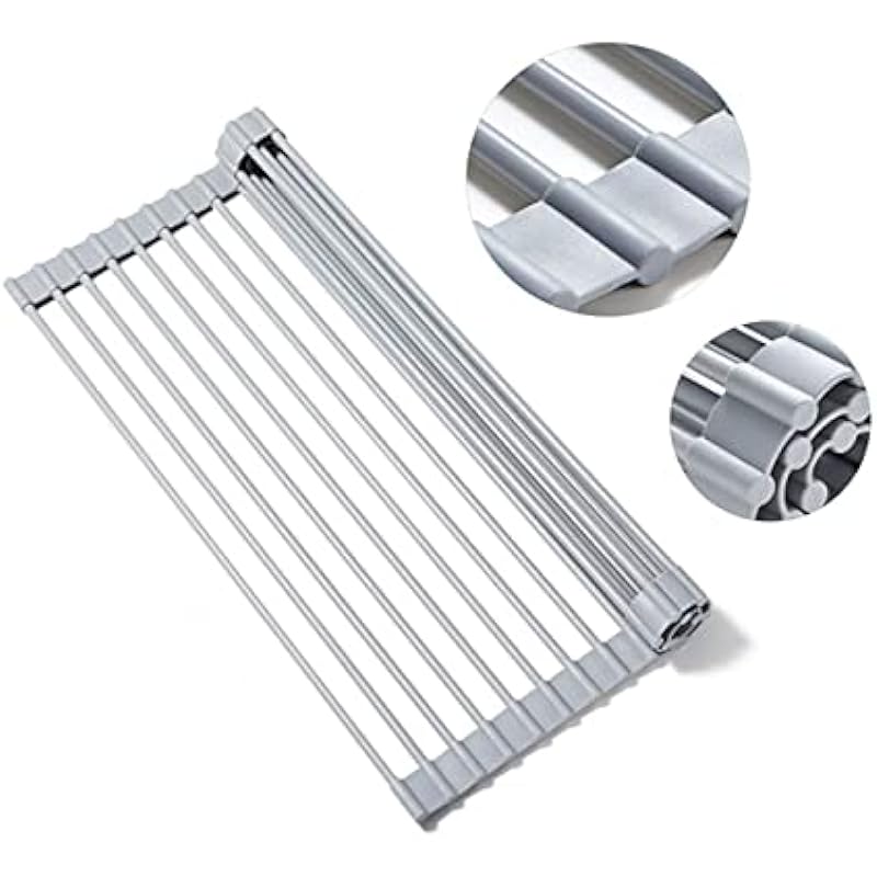 Roll Up Dish Drying Rack Over The Sink.Foldable Kitchen Drainer,Fully Silicone Cover Stainless Steel Bar,Heat-Resistant, Anti-Slip Sink Rack for Kitchen Counter Multipurpose.