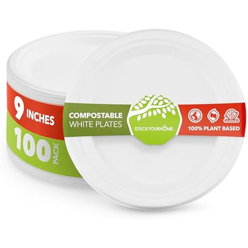 Stock Your Home 100% Compostable Plates 9 Inch (100 Count), Large Heavy Duty Biodegradable Paper Plate for Dinner, Eco-Friendly Recyclable Disposable Sustainable, White Bagasse