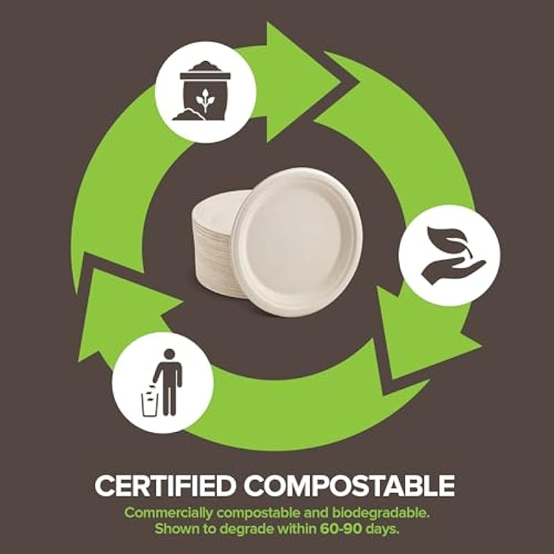 Stock Your Home 100% Compostable Plates 9 Inch (100 Count) Large Heavy Duty Biodegradable Paper Plate for Dinner, Eco-Friendly Recyclable Disposable Sustainable, Natural Bagasse