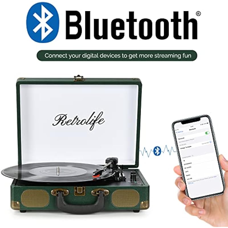 Vinyl Record Player 3-Speed Wireless Suitcase Portable Belt-Driven Record Player with Built-in Speakers RCA Line Out AUX in Headphone Jack Vintage Turntable Dark Green