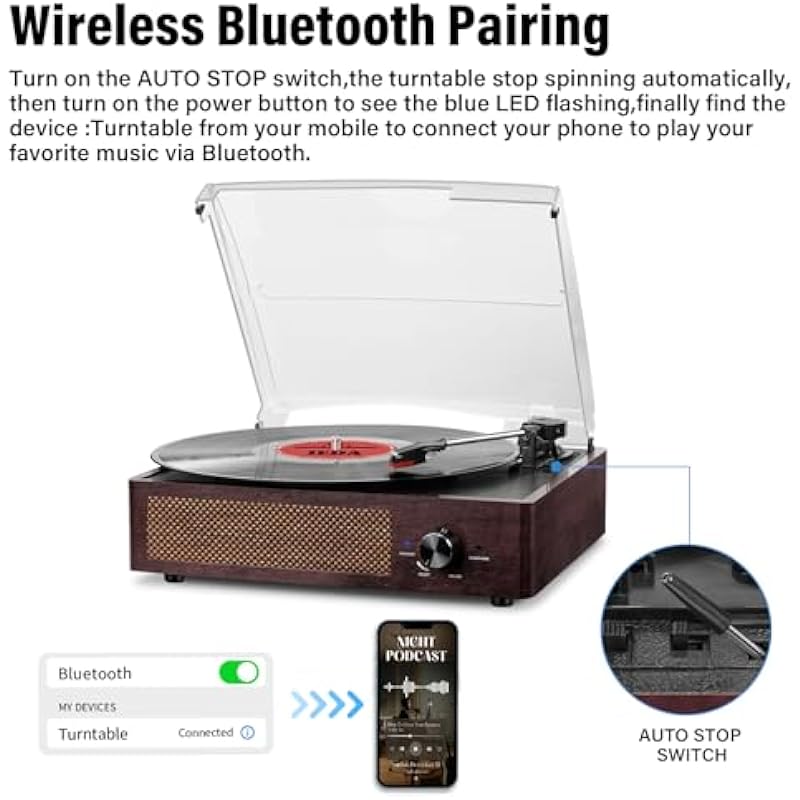 Turntable Record Player Bluetooth wth Built in 2 Stereo Speakers, 3 Speed 3 Size Portable Retro Vinyl LP Player for Entertainment and Home Decoration