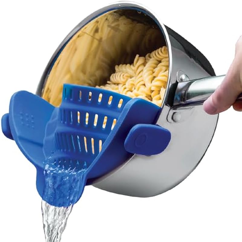 Kitchen Gizmo Snap N’ Strain – Silicone Clip-On Colander, Heat Resistant Drainer for Vegetables and Pasta Noodles, Kitchen Gadgets for Bowl, Pots, and Pans – Essential Home Cooking Tools – Blue