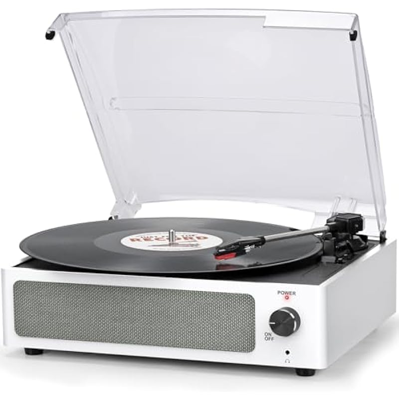 Record Player for Vinyl with Speakers Turntable for Vinyl Records Belt-Drive LP Players Support 3-Speed 3 Size, Wireless Input Playback, Headphone, AUX-in, RCA Line Out, Auto Stop New Sleek White