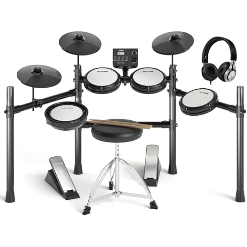 Electric Drum Set with Quiet Mesh Pads, Electronic Drum for Beginner, USB MIDI, Throne, Headphones, Sticks, Included 15 Kits and 195 Sounds, AED-403