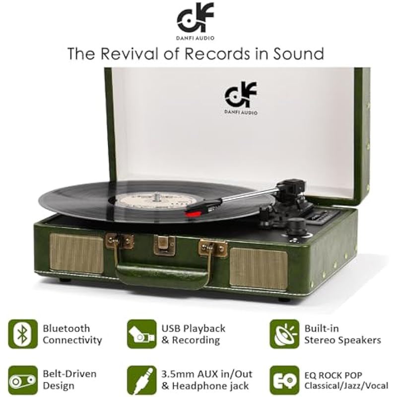 Vintage Suitcase Record Player 33 45 78 RPM Speed Vinyl Record Player with Built-in Speakers, Bluetooth, USB Recording, MP3 Converter, Forest Green