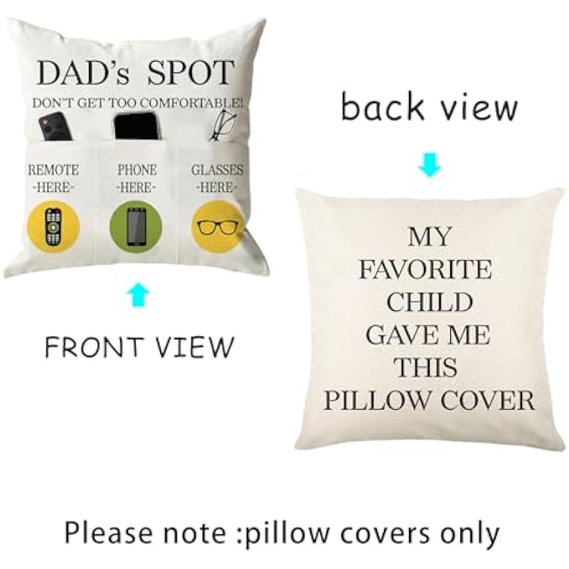 Father’s Day Throw Pillow Case, Dad’s Spot Throw Pillow Covers 18 x 18 Inch，Dad Gifts from Daughter Son，Birthday Christmas Thanksgiving Day Gifts for Papa Stepdad ，3-Pocket
