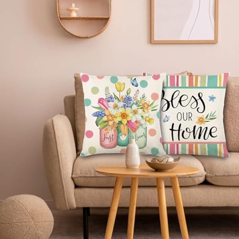 Spring Decorations – Spring Pillow Covers 18×18, Spring Farmhouse Throw Pillow Cover Garden Linen Cushion Case for Home Decor