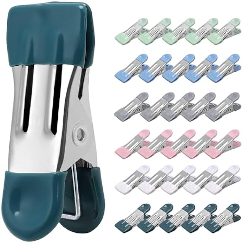 Clothes Pins Heavy Duty 30 Pack – 2.17 Inch Metal Chip Clips, Clothespins for Photo Drying Clothesline Laundry Sock, Bag Clips for Food Kitchen Stainless Steel with Rubber, 6 Colors
